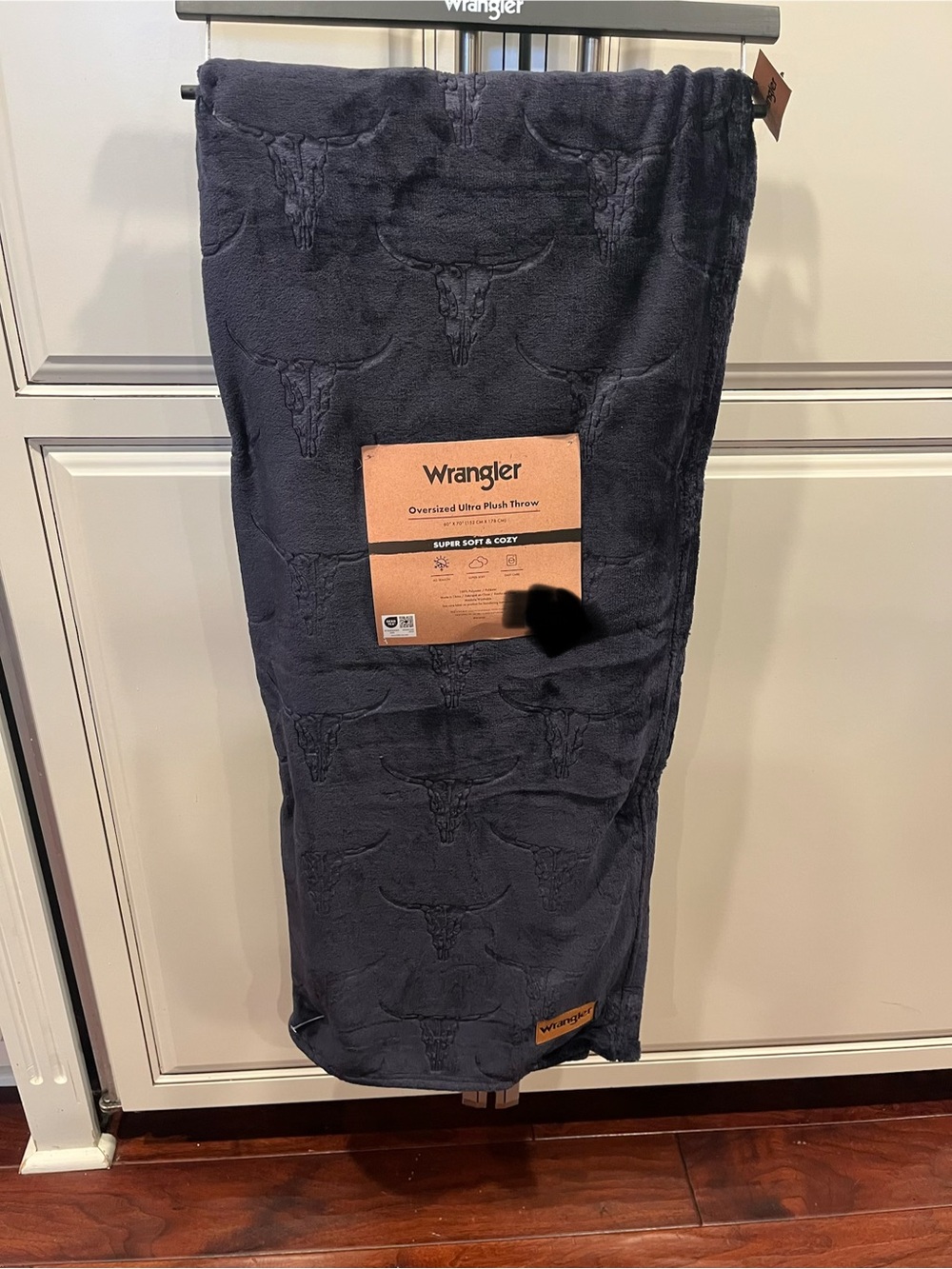 Wrangler Plush Throw Blanket Navy with Longhorn Embossed